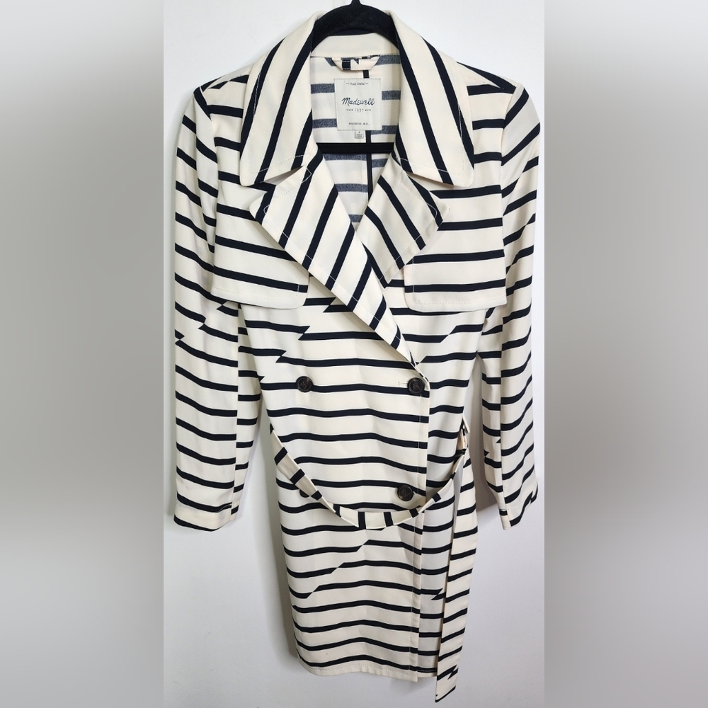 Madewell Women's Parcel Trench Coat Stripe Cream Black Double Breasted Pockets S